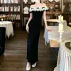 Vestido longo de renda elegante e sofisticado com retalhos, ombro a ombro para mulheres, verão, justo na cintura, linha A, atacado transfronteiriço
