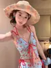 Nuevo Traje de Baño Niña Cereza Tirantes Cuatro Piezas Conservador Dividido Traje de Baño Bikini Femenino Pequeño Fresco Parque Acuático