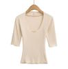 7665-25 Nuevo Estilo Otoño Estilo Europeo y Americano Mangas Tres Cuartos Cuello Redondo Grande Cintura Elástica Ajustada Camiseta Interior Superior Camiseta