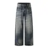 Pantalones vaqueros rectos para hombre, estilo retro americano, arrugados y lavados, estilo punk moderno con bordes desgastados, pantalones de pierna ancha estilo vintage dad