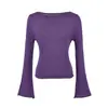 Novidades de Outono Estilo Suave Malha Azul com Manga Sino Feminina Tomara-que-caia Cintura Marcada Afinando Top de Alto Padrão