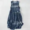 Vestido Casual de Algodão Puro com Estampa Digital Nova, Gola Redonda, Sem Mangas, Comprimento Médio, Para Mulheres, Verão na Praia