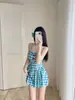 Traje de baño de cuadros azules y blancos para mujer, estilo conservador de una pieza con falda y manga larga, favorecedor y adelgazante, con un toque de alta gama, adecuado para aguas termales