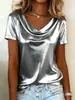 2026 nueva camiseta de mujer de verano de color liso con cuello de volantes y manga corta metálica, sitio web independiente de Amazon transfronterizo europeo y americano