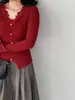 Blusa de Tricô Fina Jiangzuo, Camada Base, Gola V Francesa, Renda na Cintura, Modeladora, com Toque Elegante e de Alta Qualidade para Primavera C87