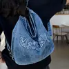 2026 Nova Bolsa Tote de Brim Bordada com Letras Estilo Retrô Grande Capacidade ins de Ombro Único Transversal Bolsa Feminina