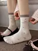 Meias Florais Fofas Femininas Meia-calça Média de Algodão Fino para Primavera Verão Meias Largas Estilo Coreano ins Meias Longas com Renda Estilo Japonês JK