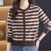 Cárdigan de punto a rayas para mujer con cuello redondo, nueva moda primavera/otoño, prenda exterior de corte holgado, abrigo suéter color block