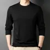 Camiseta masculina de manga comprida, adequada para primavera e outono, corte solto, gola redonda, camada interna fina, base elástica, versátil e moderna