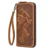 Cartera Larga de Cuero Crazy Horse Cartera Larga Vintage en Relieve con Correa de Mano Cartera con Cremallera de Cuero Genuino Billetera para Monedas con Múltiples Tarjetas