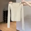 Venta al por mayor transfronteriza Otoño e Invierno Estilo Coreano Estilo Suave Cuello Cuadrado Manga Larga Tejido de Punto para Mujer Ajuste Delgado Top Interior Hombro Descubierto