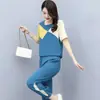 Moda Verão Conjunto Esportivo Solto Tamanho Grande Feminino Costura em Contraste Camiseta de Manga Curta Conjunto de Calça Duas Peças