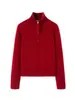 Suéter de punto grueso con cremallera a media altura y cuello alto, 100% lana de oveja, color rojo Año Nuevo, para mujer, cálido de invierno