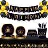 Mm119 30º, 40º, 50º Cumpleaños Negro Dorado Vajilla Festiva para 8 Personas Juego de 4 Piezas Platos de Papel, Servilletas de Papel, Vasos de Papel