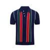 Camisa Casual Britânica Estilosa Color Block Listrada para Homens 2026, Verão Slim Fit Gola Lapela Manga Curta Leve Tricô