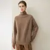 Suéter de caxemira estilo casual europeu e americano para mulheres, caxemira pura de cabra, novo suéter de tricô quente gola alta solto de outono e inverno
