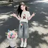 Conjunto de Verano para Niña 2026 Estilo Nuevo Niña Grande Camiseta de Manga Corta Estilo Coreano Infantil Pantalones de Mezclilla Anchos de Verano