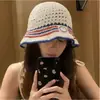 Sombrero de Pescador de Ganchillo Rayado Color Block Estilo Coreano, Sombrero de Cubo de Punto Transpirable Hueco Versátil con Parte Superior Redonda, Protección Solar para Primavera y Verano, Hace que la Cara Parezca Más Pequeña