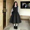 Vestido Longo Patchwork Color Block de Alta Qualidade Falso Duas Peças com Gola Franzida Linha A para Mulheres Outono Inverno Cintura Marcada com Amarração