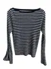 Suéter de punto a rayas de moda estilo coreano con hombros descubiertos y mangas acampanadas, suéter ajustado para mujer, nuevo de otoño/invierno H091715