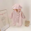 Macacão de Ski Plus Veludo para Bebê e Criança Pequena Peça Única Macacão Menina Bordado Fofo de Coelhinho Laço Roupas Quentes de Abraço para Exterior
