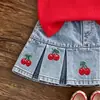 Ins verão transfronteiriço novo conjunto de colete com babados bordado de cereja para meninas + shorts jeans plissados atacado