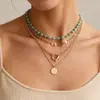 Set de Collar Apilado Multicolor Turquesa Estilo Vacacional Retro Cuentas Redondas Colgantes Redondos Cierre OT Cadena para Clavícula