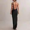 Vestido de Noite Elegante de Cetim Outonal Estilo Americano Sexy Costas Nuas Slim-Fit Atacado Vestido Longo para Mulheres