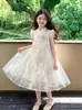 2026 Nuevo Estilo Vestido Qipao Estilo Chino para Niñas Flor Flotante Bordado de Gasa Malla en la Manga Nuevo Estilo Chino Vestido para Niños