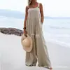 Punto 2023 Nuevo Estilo Verano Moda Femenina Estilo Étnico Color Sólido Botón Tirantes Mono Pantalones de Pierna Ancha Pantalones