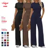 Conjunto Informal de Color Sólido con Top de Manga Corta Fruncido y Pantalones de Pierna Ancha de Cintura Alta Ropa Deportiva Nuevo Producto Europeo y Americano Amazon 2026