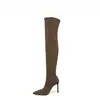 Botas europeas y americanas por encima de la rodilla para mujer, nueva colección otoño/invierno 2024, botas de caña alta, punta fina, tacones de aguja, botas elásticas, efecto adelgazante
