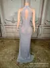 Vestido de noite europeu e americano transfronteiriço sexy de aniversário com strass brilhante, traje de performance deslumbrante francês elegante e glamoroso até o chão
