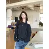 Tecido de Pelo de Coelho com Bolinhas Decote Halter Falso Duas Peças Camiseta de Manga Longa para Mulheres no Outono com Camisa Base Relaxada Off-Shoulder