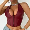 Top Moldeador, Moldeador Corporal Rojo de Tirante al Cuello Corsé con Varillas Abotonado al Frente Sexy Sexy Camisola de Piel Sintética para Mujer