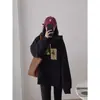 Moletom oversized retrô americano para mulheres, outono e inverno, preto, plus size, com capuz, forrado com fleece, modelador, estilo coreano, blusa solta para mulheres