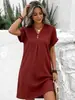 Vestido casual feminino europeu e americano, gola V, meio botão, listrado vertical, manga curta, solto, reto, vestido camiseta, vestido curto liso