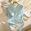Primavera Verão Outono 2026 Novo Estilo Coreano Preguiçoso Pequeno Estilo Chanel Cardigã de Tricô Trançado Azul Menta Roupa Exterior para Mulheres