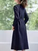 Vestido Nuevo Estilo Primavera 2026 con Cuello Redondo, Puños Rayados, Lazo para Cintura, Estilo Ol Elegante, Vestido Largo Adelgazante para Mujer