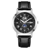 Reloj de Cuarzo para Hombre con Fase Lunar, Esfera de la Tierra Números Romanos Calendario 3 Ojos Correa de Cuero Negro Reloj de Pulsera de Negocios