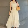 Vestido Largo SNID Estilo Coreano Suave Sencillo Color Sólido Cuello en V Sin Mangas Corte Lateral en la Cintura Vestido Maxi Hada Resort