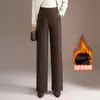 Calças Largas Elásticas com Pelúcia Outono Inverno 2026 Femininas de Cintura Alta Caídas Retas Longas Engrossadas Quentes Antienvelhecimento Casuais Longas