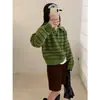Suéter de punto de moda a rayas con bloques de color para otoño e invierno, con cuello camisero y cierre de media botonadura, corte holgado, rejuvenecedor, de manga larga para mujer