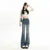 Jeans Flare Azul Vintage de Corte Justo para Mulheres, Novo Design de Outono, Cintura Alta, Emagrecedor, Lavagem Desgastada, Calças Flare
