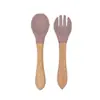 Cuchara Tenedor de Silicona para Bebé Dumo con Mango de Madera traje Cuchara Tenedor para Alimentación Infantil Suave Resistente a Caídas Alimentos Complementarios para el Hogar del Bebé