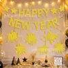 Banner de Año Nuevo brillante transfronterizo FELIZ AÑO NUEVO, fuegos artificiales, estrellas, decoraciones en espiral para fiesta de Nochevieja