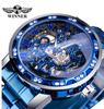 WINNER 614 Reloj mecánico de acero para hombre con fondo hueco y diamantes de imitación, reloj mecánico manual de moda