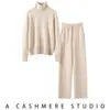 Traje de cachemira de cuello alto para mujer, holgado y casual, nuevo estilo otoño e invierno, suéter de punto simple y suave con pantalones de pierna ancha de cintura alta