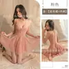 Kamai Xue Lencería Sexy Malla Sexy Transparente Falda Corta Deseo Puro Espalda Abierta Encaje Cintura Plisada con Cinturón Vestido de Tirantes Finos 1958