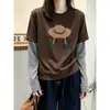 Camiseta de Manga Larga con Parches Rayados Falso Dos Piezas para Mujer Otoño Holgada Estilo Coreano Sentido del Diseño Nicho Capa Interior Capa Base Superior